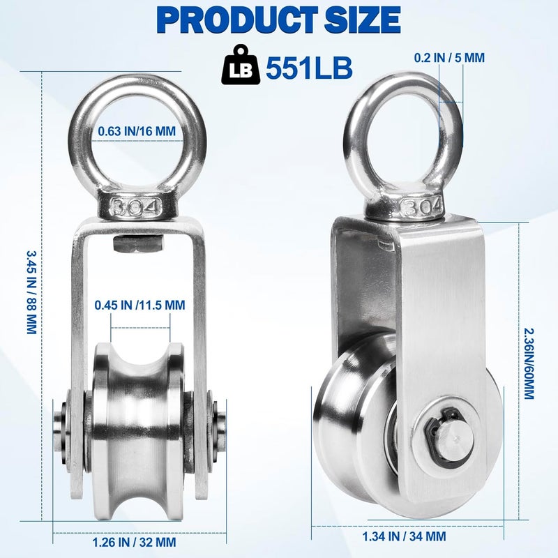 phepetroll Cable Pulley Wheel Stainless Steel, 4 Pack M34 Single Pulley Snatch Block, Heavy Duty Lifting Crane Swivel Hook, Bearing Inside Rope Pulleys for Lifting System Gym Equipment Clothesline, 551 lbs Load - Image 2